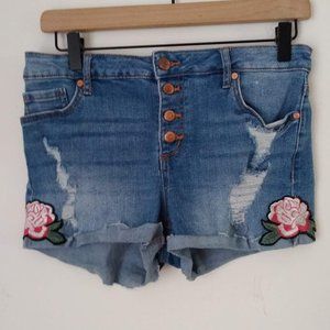 No Boundaries Button Fly Flower Distressed Shorts